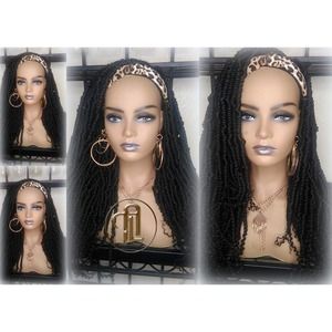 Headband Wig Long 20in Passion Twist Hair Black 1B Mini Small Irregular Bomb WIg